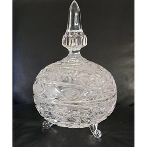 VTG‎ Large Sparkling Crystal Glass Footed Candy Dish w/ Finial Lid 8 1/2" Tall